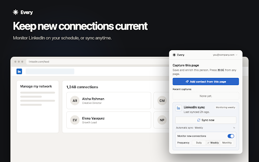 Every AI: Add Contacts from Any Page :: Add anyone to your Every contacts from any page — capture LinkedIn profiles, team pages, and bios in one click.