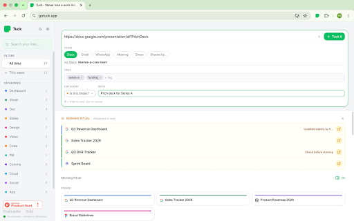 Tuck :: One-click capture of any tab into your Tuck link library. No account needed.
