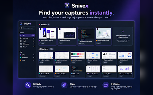Snivex - Screenshot Organizer :: Capture any part of a page, mark it up, and find it again with tags, folders, and search. Your captures stay on your device.