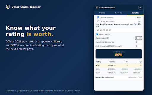 Valor Claim Tracker :: Track your VA disability claims and get alerted when something changes — plus smart, on-device claim insights.
