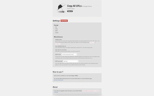 Copy All Urls (Manifest Update Fork) :: Copy tabs URL to clipboard (formats : text, HTML, JSON or custom). Paste to open multiple URL at one go.