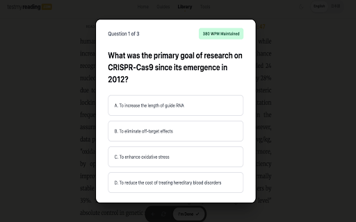 TestMyReading: Speed Reading Test & Comprehension :: Train your speed reading with an auto-scrolling overlay and test your comprehension with AI-generated quizzes on any web article.