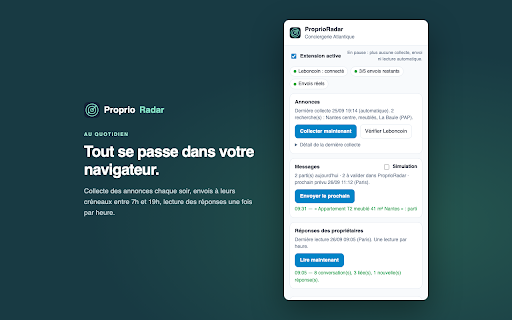 ProprioRadar :: Relie ProprioRadar à votre navigateur : collecte Leboncoin, PAP et SeLoger, envoie vos messages validés, lit les réponses.