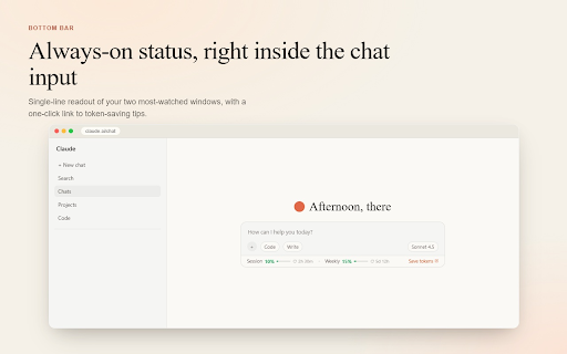 Claude Token Tracker :: Live Claude.ai quota in your sidebar. Session, Weekly, Sonnet and burn rate. No API key. Free, private, no signup.