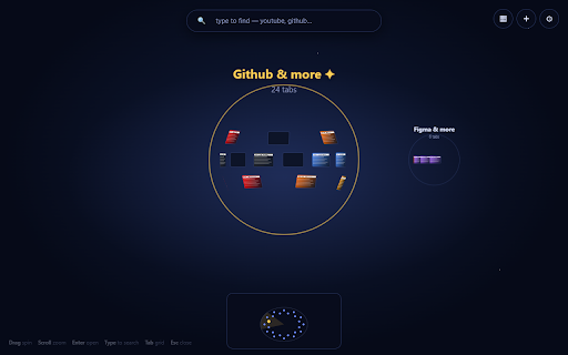 Tab Sphere :: Your open tabs on a 3D sphere. Live previews, instant search, and constellations that keep every tab visible.