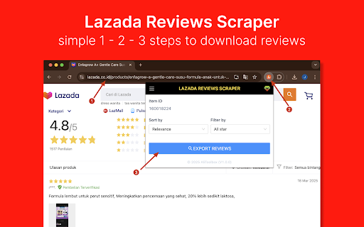 Lazada Reviews Scraper - Extract Reviews from Lazada™️ :: Scrape Lazada product listing reviews, download to CSV/Excel/JSON. Export comments, ratings and images.