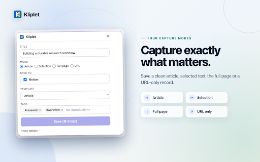 Kliplet — Multi-Target Web Clipper :: Clip pages and selections with templates. Resolved-path Obsidian text gets up to 4 local automatic attempts. One target is free.