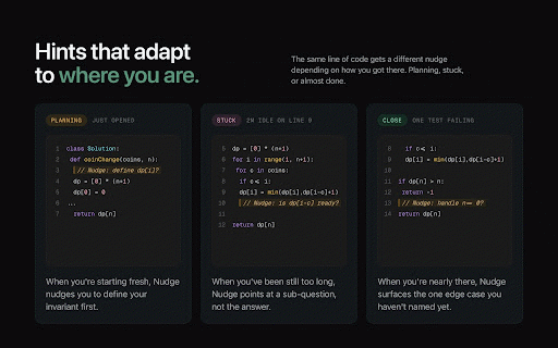 Nudge: LeetCode AI Interview Tutor :: AI-powered LeetCode tutor: adaptive hints, approach feedback, and interview coaching — built right into your editor.