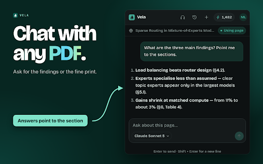 Vela AI Sidebar: GPT, Claude, Gemini, DeepSeek :: Your AI assistant in the Chrome sidebar. Chat, write, summarize pages and PDFs, translate and listen, on any tab.