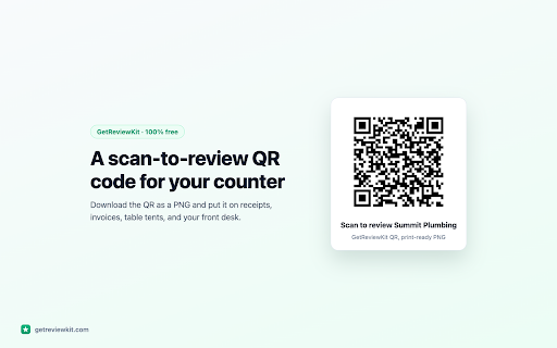 Google Review Link & QR Code Generator - GetReviewKit :: Create a one-tap Google review link and printable QR code for any business in seconds. Free, no signup. By GetReviewKit.