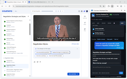 Coursera Assistant Pro :: Finish Coursera tasks faster with an AI side panel for quizzes, discussions, readings, transcripts, and study chat.