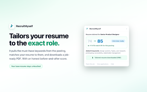 Job Application Autofill & AI Resume Tailor by RecruitMyself :: Read the job description on any job site, prefill the application form, and tailor your resume to the role in one click.