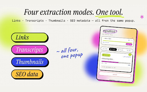 YouTube Bulk Transcripts for ChatGPT, Claude & NotebookLM | RapidFetch :: Bulk-export YouTube transcripts, video links, thumbnails & metadata for ChatGPT, Claude, NotebookLM. Free daily quota.