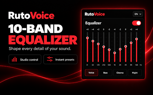 RutoVoice Volume Booster :: Boost Chrome volume up to 2000%, balance loudness automatically, and tune sound with a 10-band equalizer. No data collection.