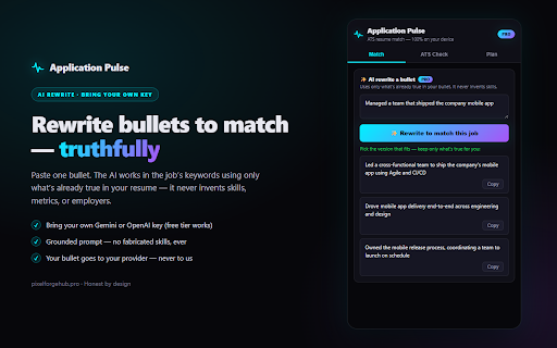 Application Pulse — Resume Matcher :: Score your resume against any job posting and see the exact keywords you're missing — privately, on your own device.