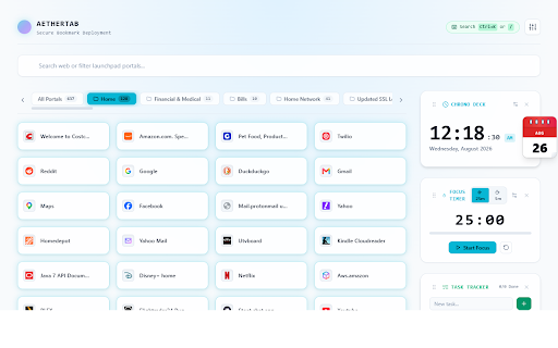 AetherTab - Speed Dial Launchpad :: Private, luminous speed dial with backlit card glow, custom categories, focus timer, clock/calendar, tasks & notes.