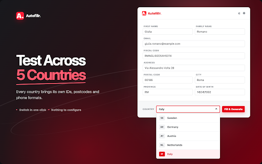 Autofillr — Fill Test Forms With Consistent Data :: Fill test forms in one click with random data that stays consistent: name, email, national ID, address and phone all agree.