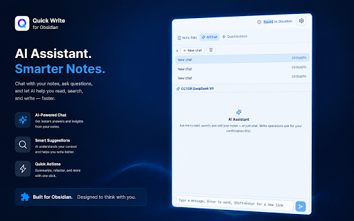 Obsidian Quick Write AI Chat :: AI chat, GPT writing assistant, and smart Agent for Markdown notes in your authorized Obsidian Vault.