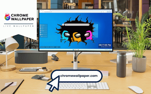 Among Us Live Wallpaper :: Colorful Among Us crewmates peeking through cracked wall on blue background.