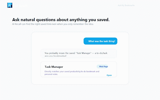 AI Recall :: Save useful pages to AI Recall and ask your bookmarks from the browser.