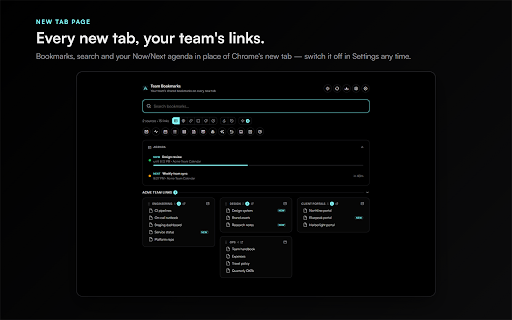 Team Bookmarks by URLflows :: For teams or a team of one: bookmarks from a sheet, a Now/Next calendar agenda from .ics, and private on-device AI bookmarks.