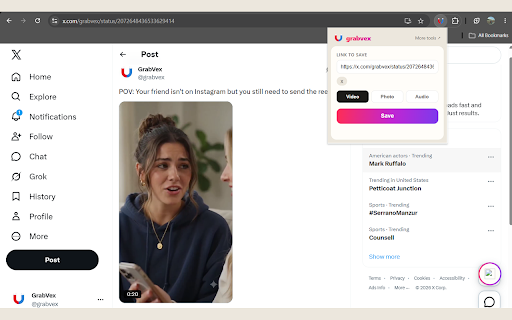 Grabvex Free Video Downloader :: Save a video, photo or GIF from a social post in one click. No account, no watermark, and the sound is included.