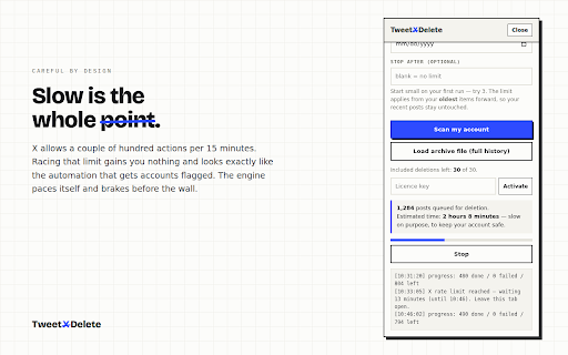 TweetXDelete — Bulk Delete Posts, Likes & Reposts on X :: Bulk-delete old X posts, likes and reposts in your own browser. No password, no account linking, no data leaves your device.