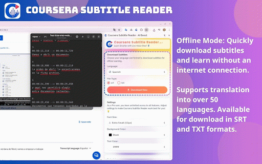 Coursera Subtitle Reader - AI Boost :: Boost Coursera learning with subtitles in many languages, live voice-over, and custom speed (0.75x-3.0x). Ideal for global students!