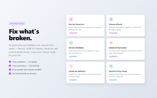 Crawl Readiness — ChatGPT & AI SEO Checker for Any Site :: Check if ChatGPT, Claude, Perplexity & 50+ AI crawlers can read any website. Free, no signup — instant AI SEO score.