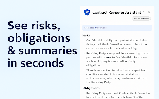 Contract Reviewer :: AI contract analyzer that summarizes agreements, flags risks, extracts obligations, and highlights key terms in your browser.