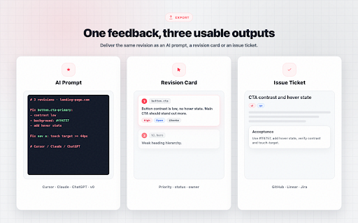 Revisely: Visual Feedback to AI Fixes :: Turn website feedback into AI-ready fixes. Annotate, edit CSS, export prompts and GitHub/Jira tickets for Cursor & Claude.