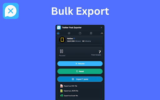 Twitter Post Exporter - Download Twitter / X Posts :: Bulk export Twitter/X posts to CSV, JSON, or Excel with Twitter Post Exporter. Quick, easy social media backup & analytics.