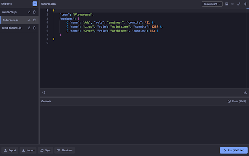 Offline JS Playground :: A simple playground to write, run, and test JavaScript snippets, with an in-UI console.