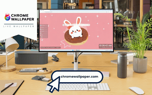 Cute Rabbit Kawaii Food Live Wallpaper :: Adorable white bunny with red bow sitting on chocolate donut with stars on pink background.