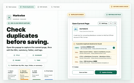 Markwise :: Local-first bookmark saving, duplicate checks, and search.