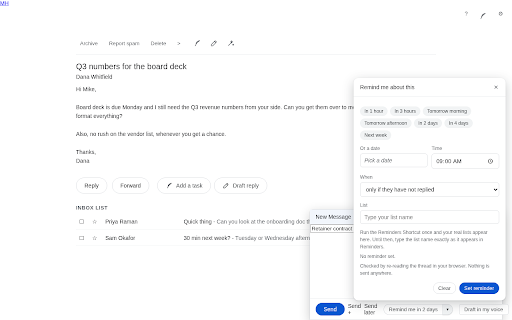 QuillReply for Gmail :: Turn any email into a reminder with the right due date, and draft replies in your own voice. Buttons live inside Gmail.