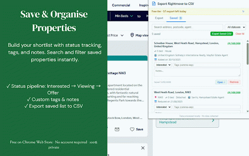 Export Rightmove to CSV :: Export Rightmove listings to CSV/XLSX/JSON/HTML. Deep scrape details. Save, tag & track price changes locally.