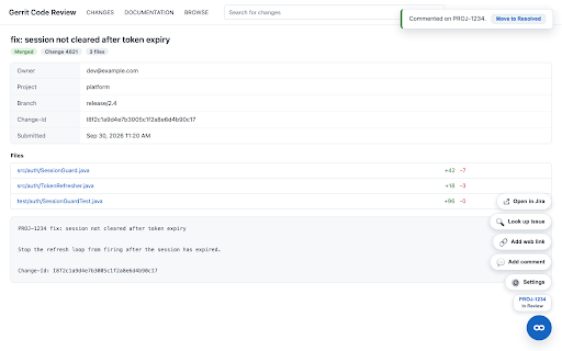 Changelink for Gerrit and Jira Cloud :: Look up, link, comment on and transition Jira issues straight from the Gerrit change page.
