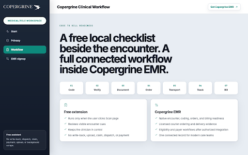 Copergrine Clinical Workflow :: Free encounter QA beside your EMR. Review visible coding, documentation, eligibility, and order cues locally.