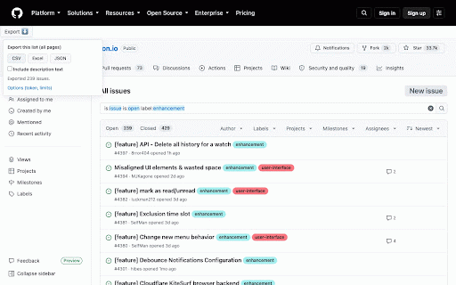 Sidecar Export for GitHub Issues & PRs :: Export every issue or pull request in a GitHub list to CSV, Excel (XLSX), or JSON. All pages, all fields. Runs locally.