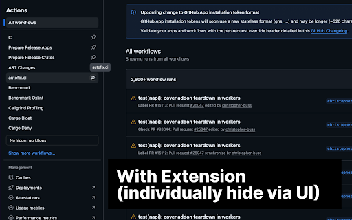 Octohide :: Hide GitHub workflows from the Actions sidebar. Great for keeping reusable/template workflows out of the way.