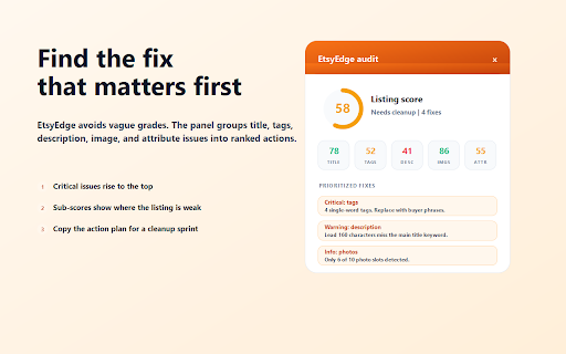 Etsy SEO Scorecard - ListingFix :: Score Etsy listings on title, tags, photos, description, and attributes. Get prioritized SEO fixes on the page.