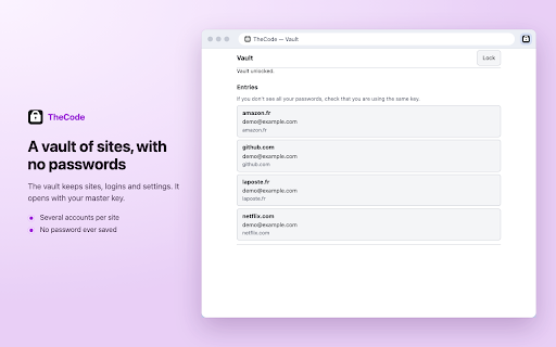 TheCode :: Mots de passe jamais stockés : recalculés depuis votre clef maîtresse. Carnet et synchro chiffrée en option. Partout les mêmes.