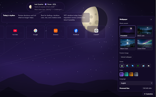 Moon Speed Dial — New Tab Start Page :: A clean speed-dial start page for your favorite sites, with today's Moon phase, sign and daily guidance on top.