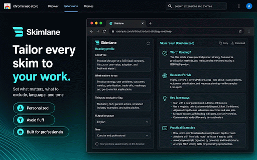 Skimlane :: Personalized reading summaries for webpages and PDFs using on-device, local, or bring-your-own-key AI.