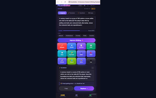 FluentEditor — AI Grammar Checker & Writing Assistant :: AI grammar checker & writing coach for non-native English speakers. Fix grammar, rewrite emails, adjust tone — on every website.