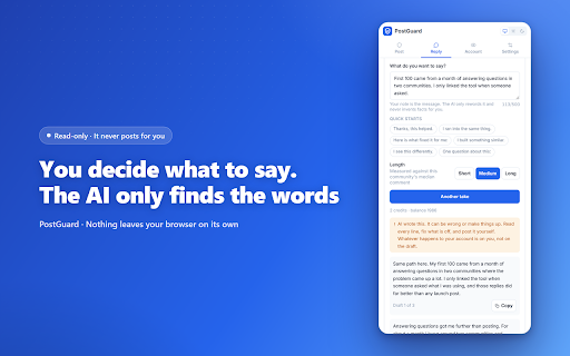 PostGuard for Reddit :: Check a community's rules and your account before you post, every reason sourced. It never posts for you.