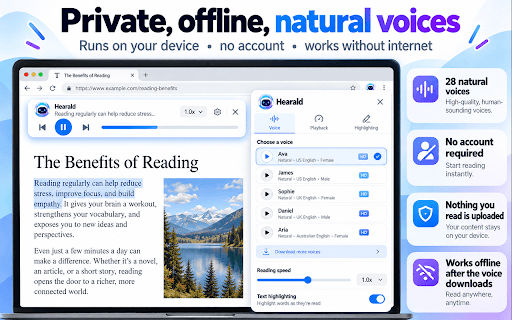 Hearald — Read Aloud for Pages & PDFs :: Read web pages, PDFs and Google Docs aloud with natural voices on your device. Word-by-word highlighting. Free, private, offline.