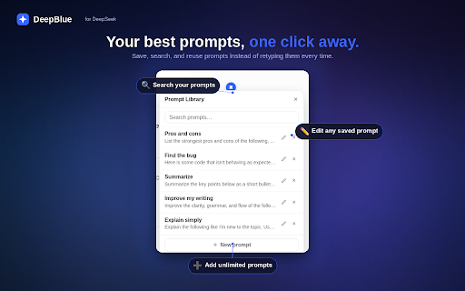 DeepBlue for DeepSeek: Search, Folders & Export :: Supercharge DeepSeek chat: search, folders, bookmarks, tone picker, token/context counters & PDF/JSON export.