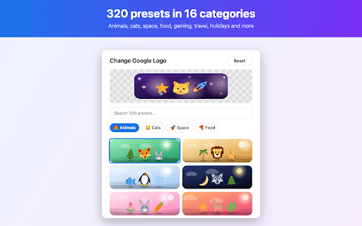 Change Google Logo :: Replace the Google logo with your own image or a preset. Fully on-device — your images never leave your device. No signup.